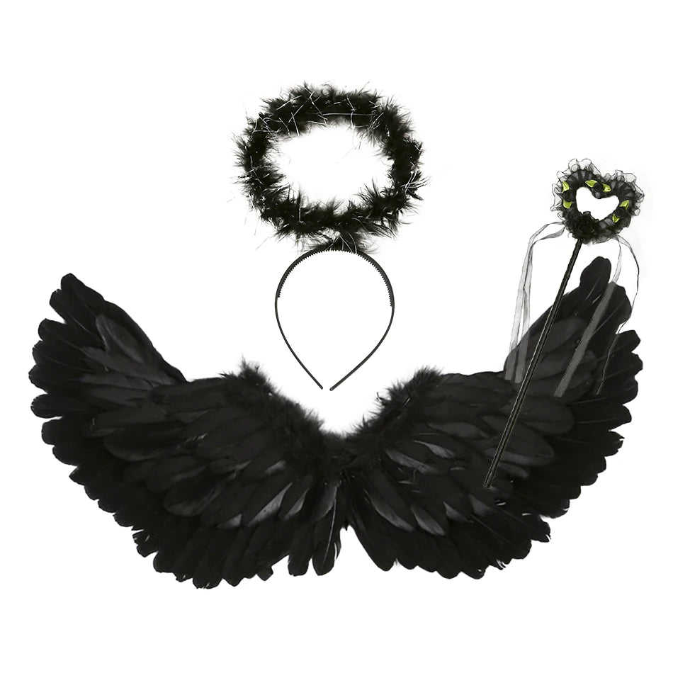 Children Adults Family Look Halloween Cosplay Holy Angel Aureole Headbands and Devil Wings Demon Horn Headwear Magic Wand Sets