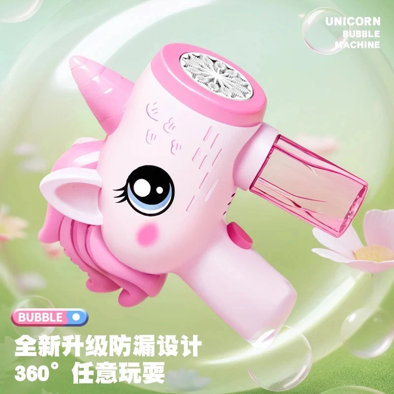 Unicorn electric bubble gun, toy bubble machine, automatic soap blower with lights, summer outdoor party games, children's gifts