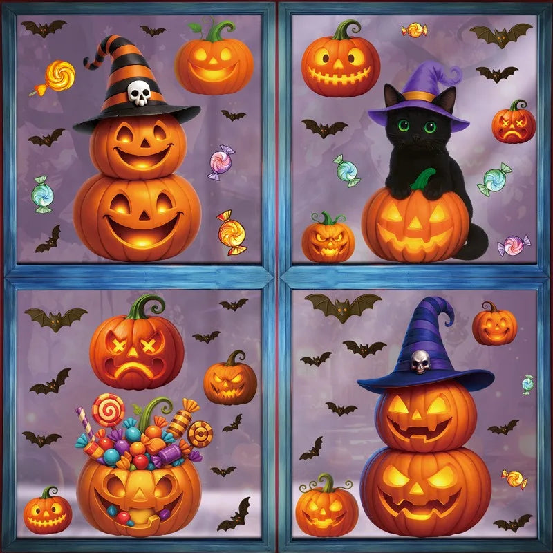 Halloween Pumpkin Window Stickers Cartoon Candy Jack-o'-lantern Static Sticker Black Cat Ghost Festival Happy Halloween Day 2025