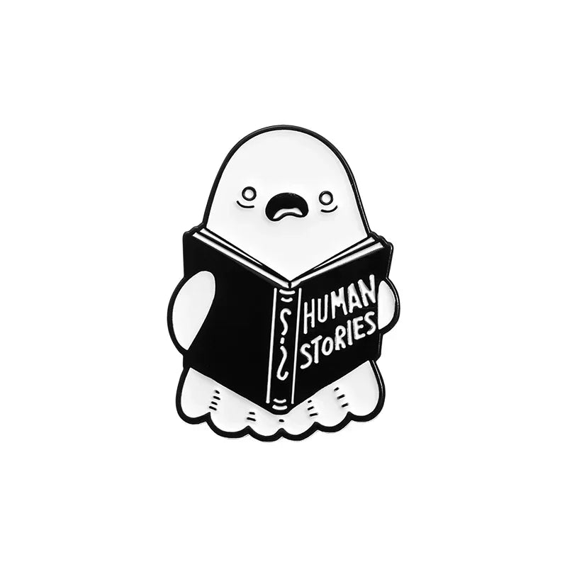 Cartoon Sunglasses Ghost Collected Enamel Pin Funny Spooky Boo With Black Cat Brooch Clothes Lapel Badge Halloween Jewelry Gifts