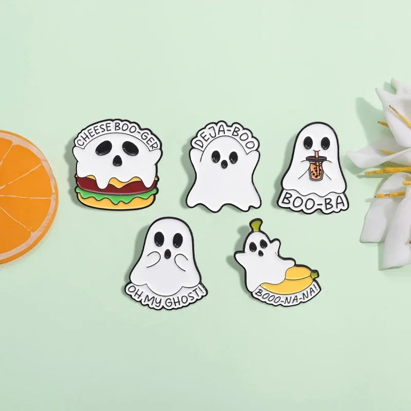 Cartoon Sunglasses Ghost Collected Enamel Pin Funny Spooky Boo With Black Cat Brooch Clothes Lapel Badge Halloween Jewelry Gifts