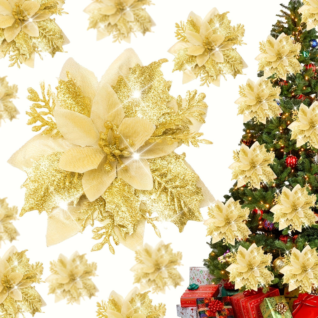 [Shiny Golden Christmas Flowers] 20pcs Shiny Golden Christmas Flowers | 10 Blooms & 10 Clips, No Electricity Needed, Durable Plastic Poinsettia for Xmas Tree Wreaths, Weddings, Parties, Holiday Decorations, Festive Floral Arr