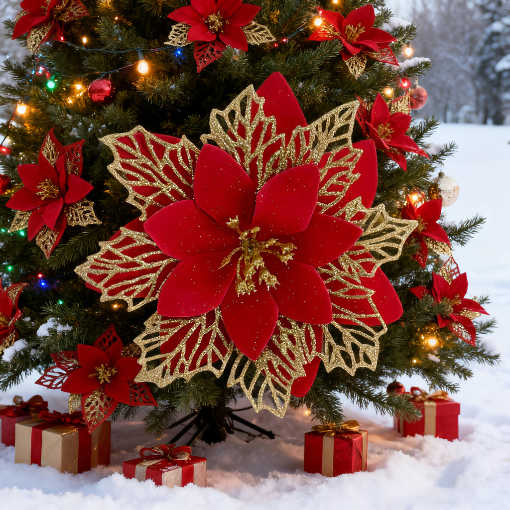 [Christmas] 20pcs/1 Set Christmas Artificial Flowers, 14cm Length with Vibrant Red Petals and Golden Edges, Includes Clips for Easy Installation. Suitable for Tree