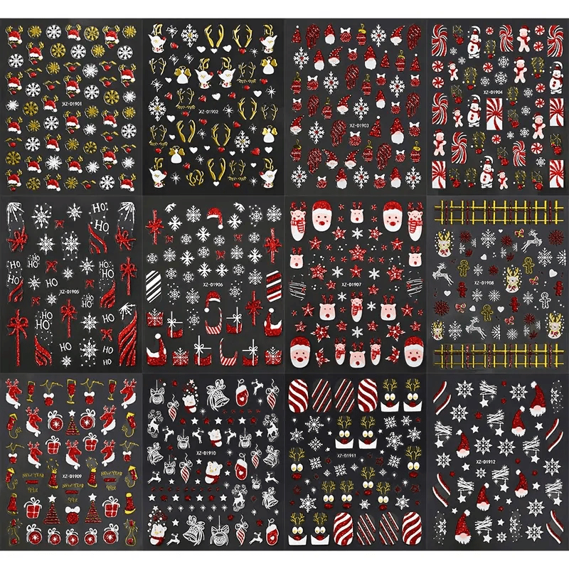 6 Sheets 5D Embossed Cute Cartoon Christmas Nail Art Stickers- Self-Adhesive Nail Decals with Santa Claus Snowman Elk Xmas Tree Designs, Festival Themed Nail Art Accessories Supplies for Women, Party Nails, Festive Manicure,