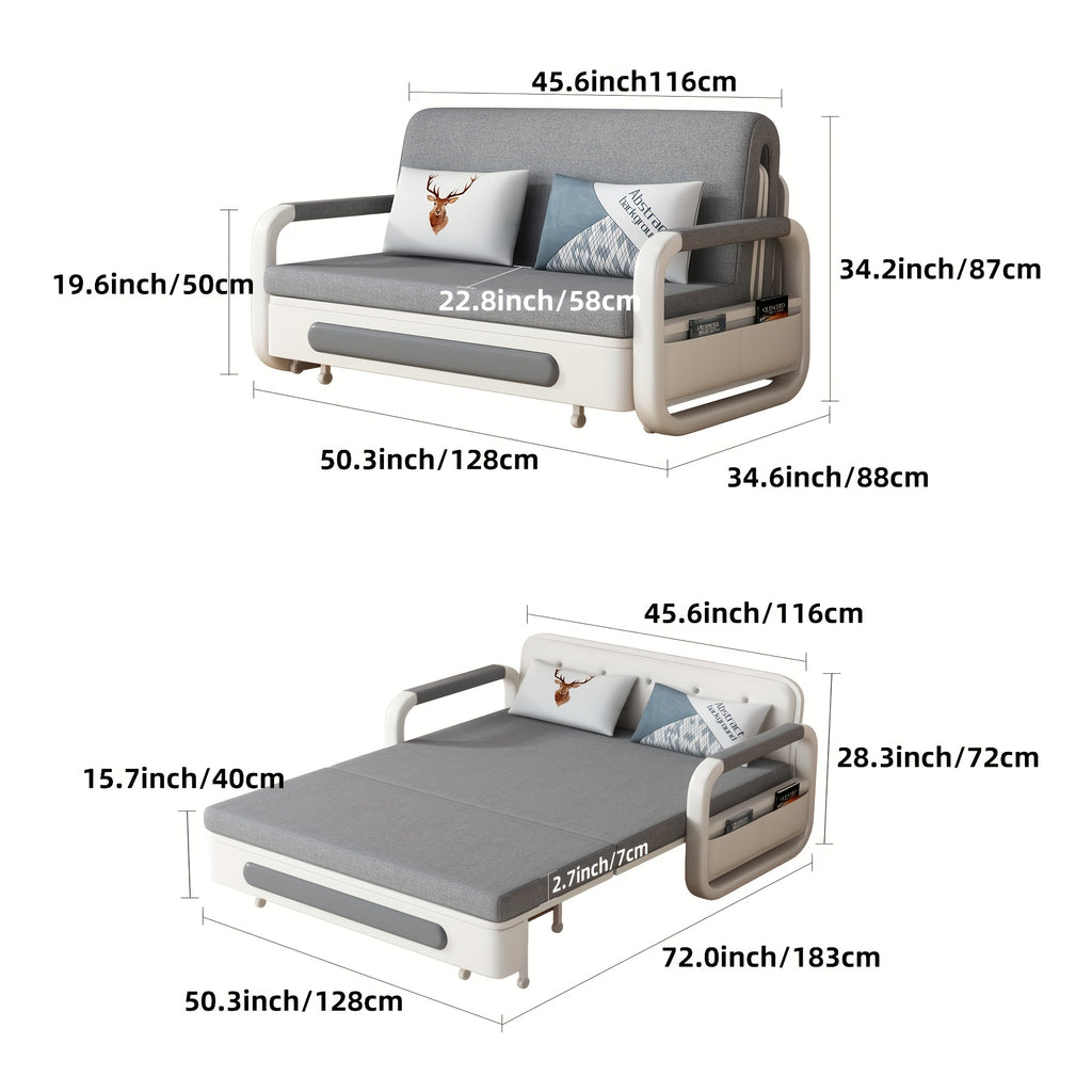 3-in-1 Multifunctional Sofa Bed with Wooden Storage Cabinet, Retractable Double Sofa Bed for Home Use, Space-Saving for Small Apartments, Straight-Line Light Grey Linen Fabric Cushioned Sofa Bed, Suitable for Living Room Or B