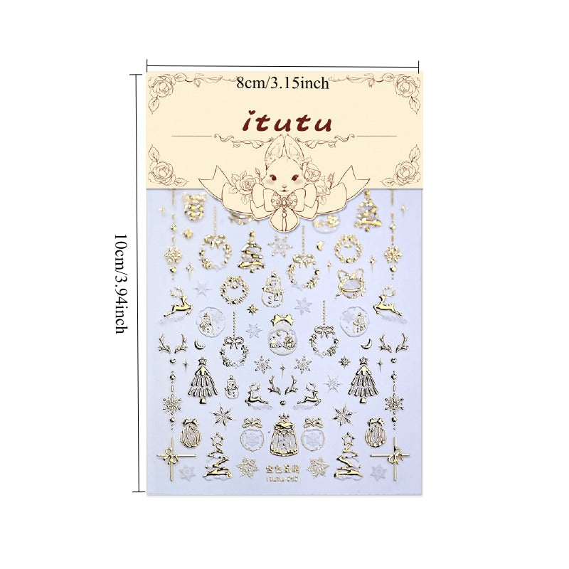 Christmas Nail Stickers - Golden Embossed Snowflakes on Branches, 3D Christmas Tree & Crystal Ball Design with Bells, Reindeer & More Classic Holiday Elements! Sparkling Blingbling Glitter Effect, Easy to Apply with Adhesive