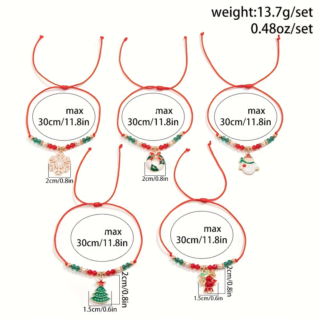 5pcs Santa Claus Reindeer Snowflake Shaped Bead Bracelet Set - Fashionable Daily Wear and Holiday Accessories - Unique Gift Idea with Cute and Sweet Style, Best for Christmas, Perfect for Thanksgiving, Perfect for Christmas,