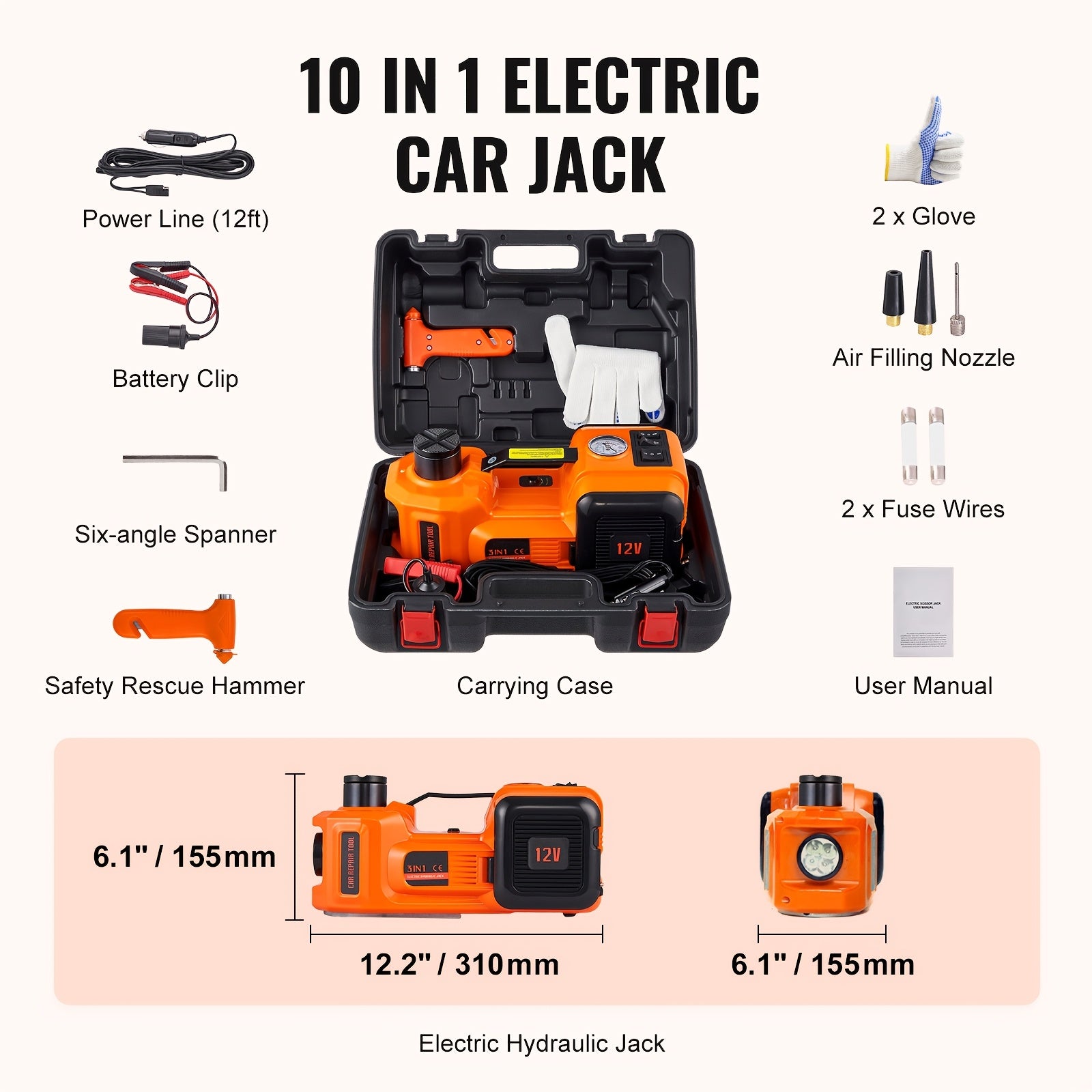 HAPPYBUY Electric Hydraulic Car Floor Jack 5 Ton 12V Built-in Tire Inflator Pump