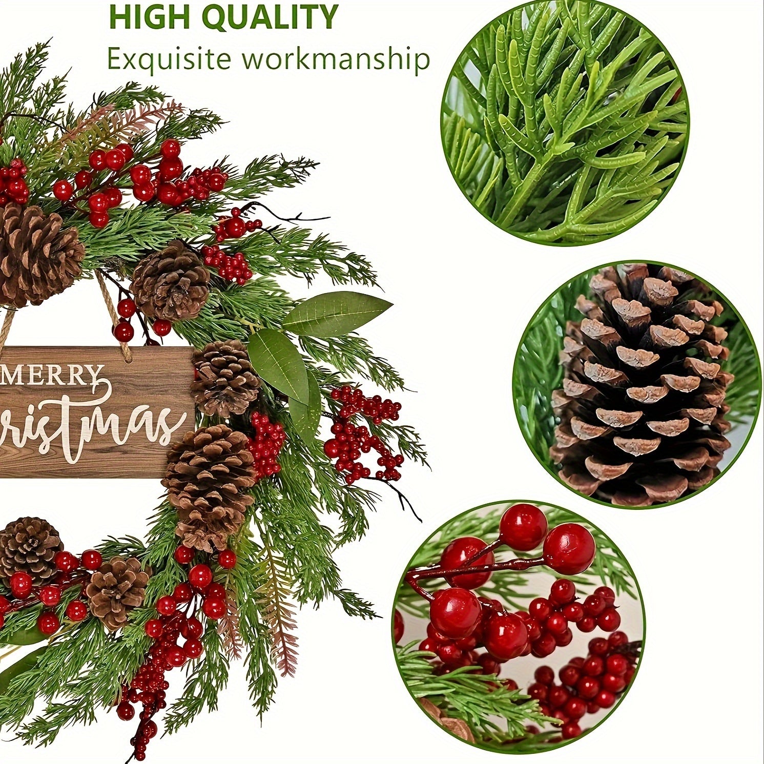 20-Inch Classic Christmas Wreath with Artificial Pinecones & Berries - "Merry Christmas" Festive Door Decor for Indoor/Outdoor Holiday Celebrations, Wall & Table Decoration, Holiday Decorations,halloween