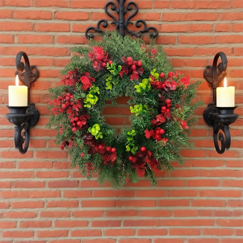 2025 Fall New Style 16.7-inch Christmas Wreath, Durable Non-Shedding｜with Red Berries, Pine Leaves and Green-Red Foliage - Heavy-Duty Plastic Indoor/Outdoor Door Decor Wall Fireplace Ornament No Electricity Needed All Weath