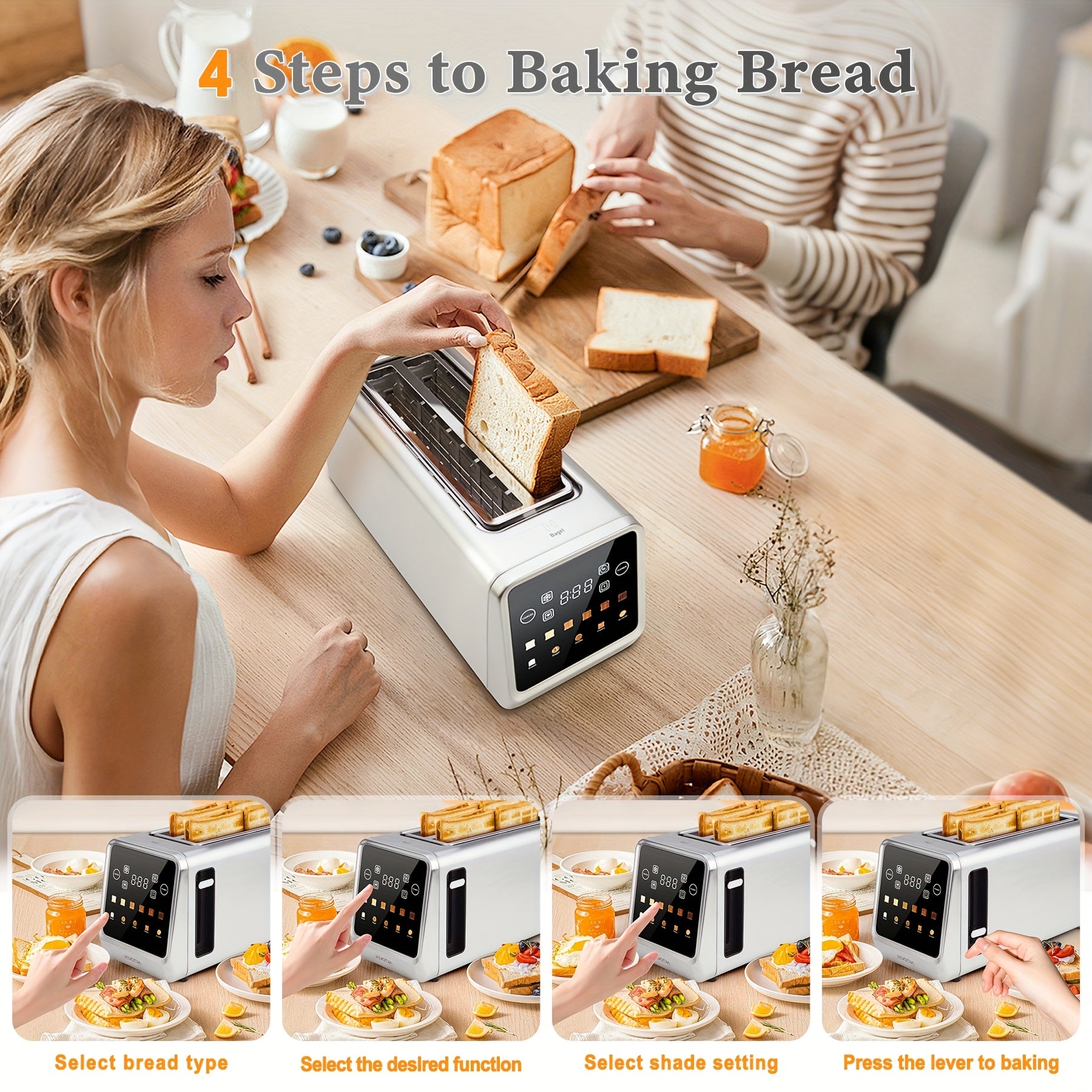 Long Slot Toaster 4 Slice, Touch Screen LED Display, 1.5" Extra Wide Slots for Thick Bread & Bagels, Countdown Timer, Memory Function, Dual Independent Control, 6 Shade Settings, Stainless Steel