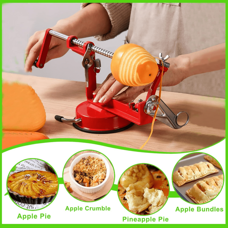 [Heavy-Duty Apple Peeler] Heavy-Duty Apple Peeler & Corer with Stainless Steel Blades - Magnesium Alloy, Ergonomic Handle, Powerful Suction Base for Apples & Potatoes - Red Kitchen Gadget for Effortless Fruit Preparation, App