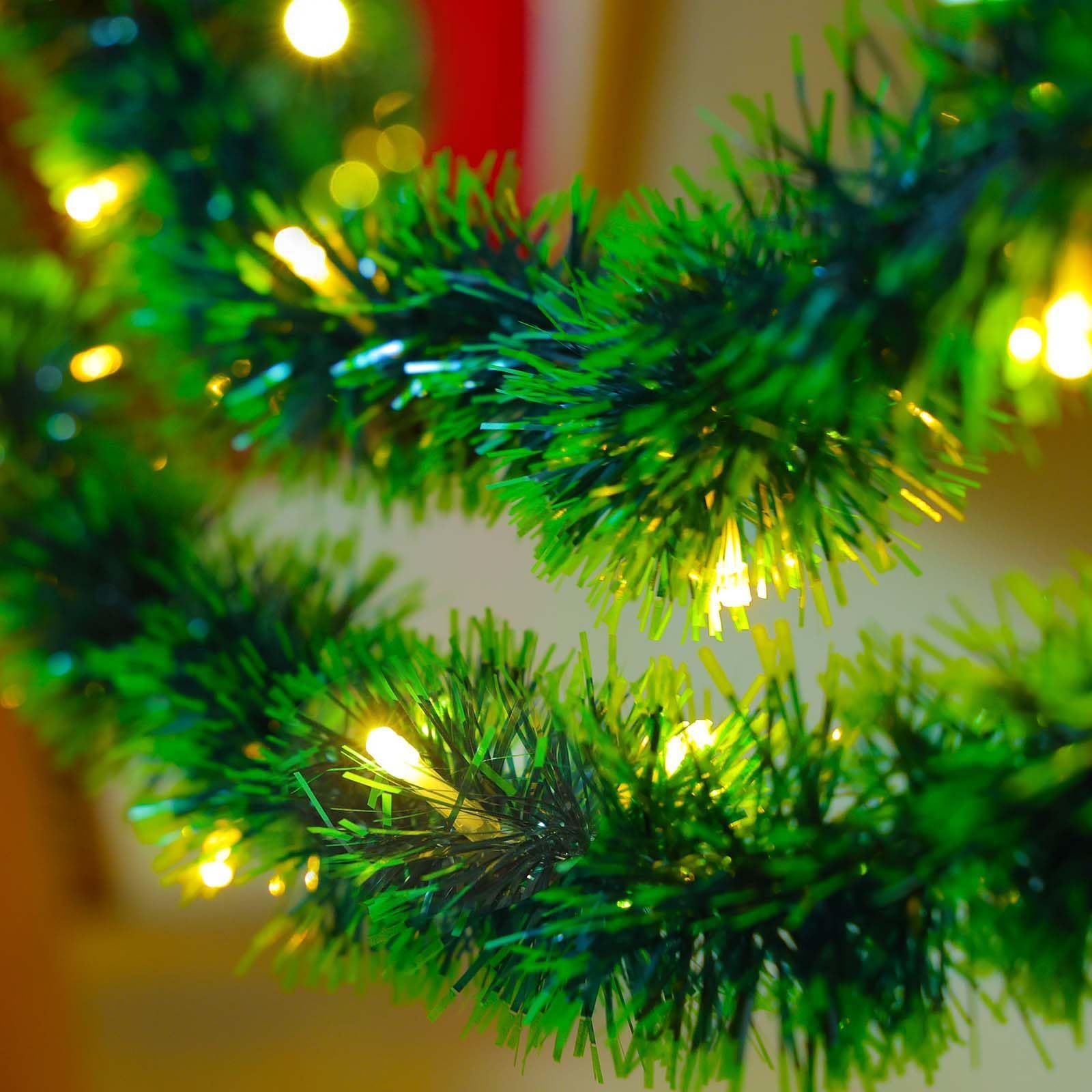 Pre-Lit Christmas Garland with Lights, 2 pcs 400 cm 30 LED Operated Greenery, Plastic Material No Feathers, for Stairs Railing Fireplace Mantle & Door Frame Decor, Indoor Office Holiday Decoration, Wall Hanging Christmas Deco