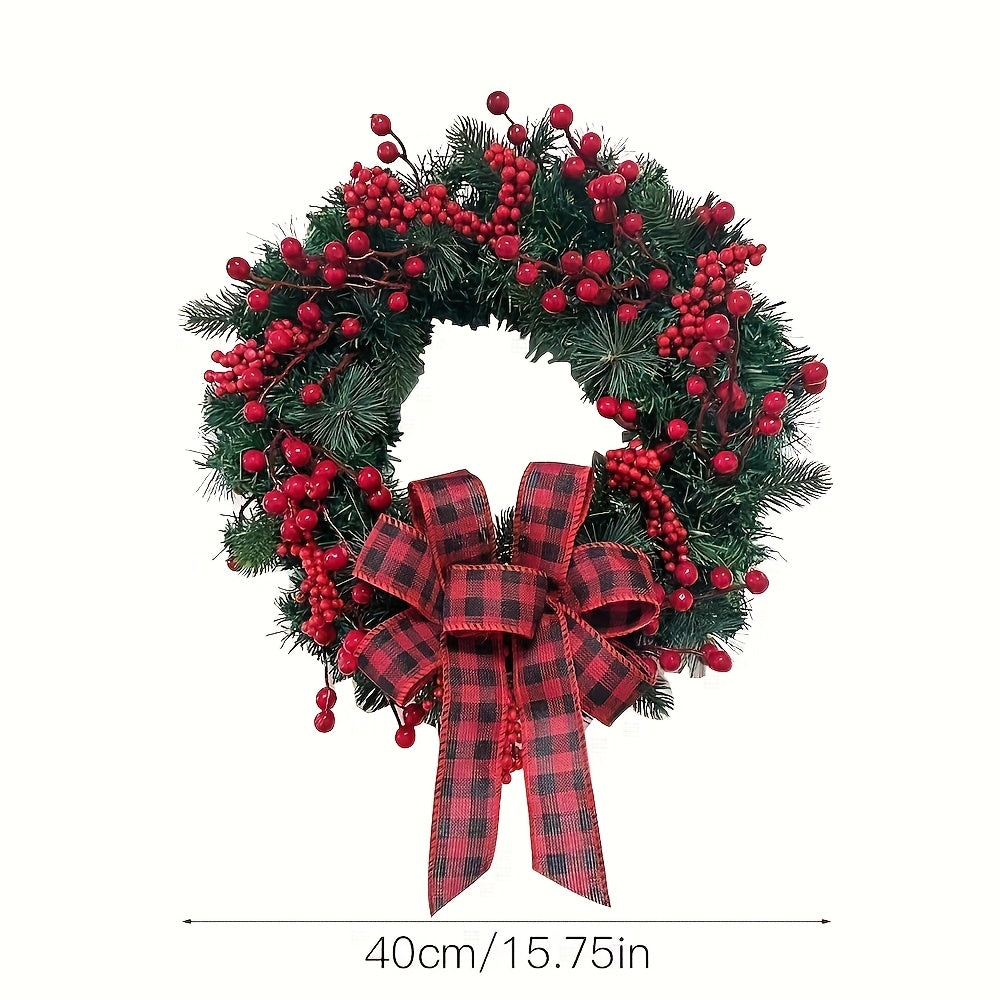 [Classic Christmas Wreath] Christmas Wreath Classic, 35.05Cm Diameter | Plastic Material with Berries And Bow, Suitable for Front Door, Outdoor, Indoor, Party, Home Decoration, Featherless, Halloween