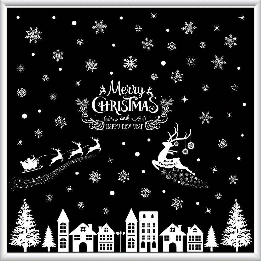 1 Set of 79 Christmas-Themed Static Cling Window Decals, White Snowflake Reindeer Santa Claus Tree Stickers for Festive Holiday Decor