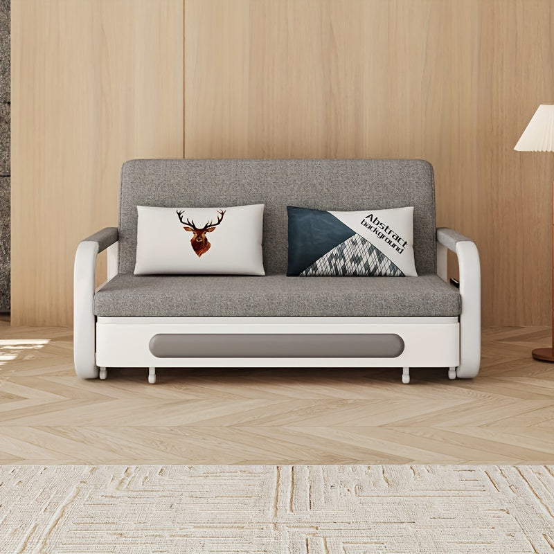 3-in-1 Multifunctional Sofa Bed with Wooden Storage Cabinet, Retractable Double Sofa Bed for Home Use, Space-Saving for Small Apartments, Straight-Line Light Grey Linen Fabric Cushioned Sofa Bed, Suitable for Living Room Or B