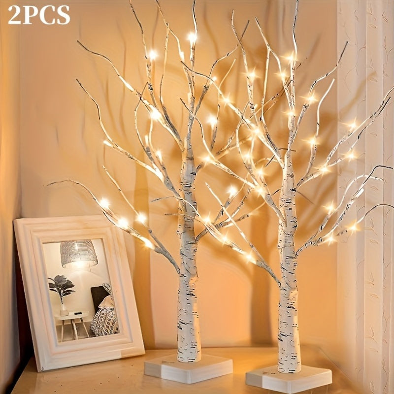 [2pcs LED Birch Tree] 2pcs 24 LED Birch Tree Lights | Easter Twinkling Tree Ornaments with Adjustable Branches, 3AA&USB Powered, Decorative Lamp for Party, Bedroom, Indoor Activities, Christmas & Halloween Decorations
