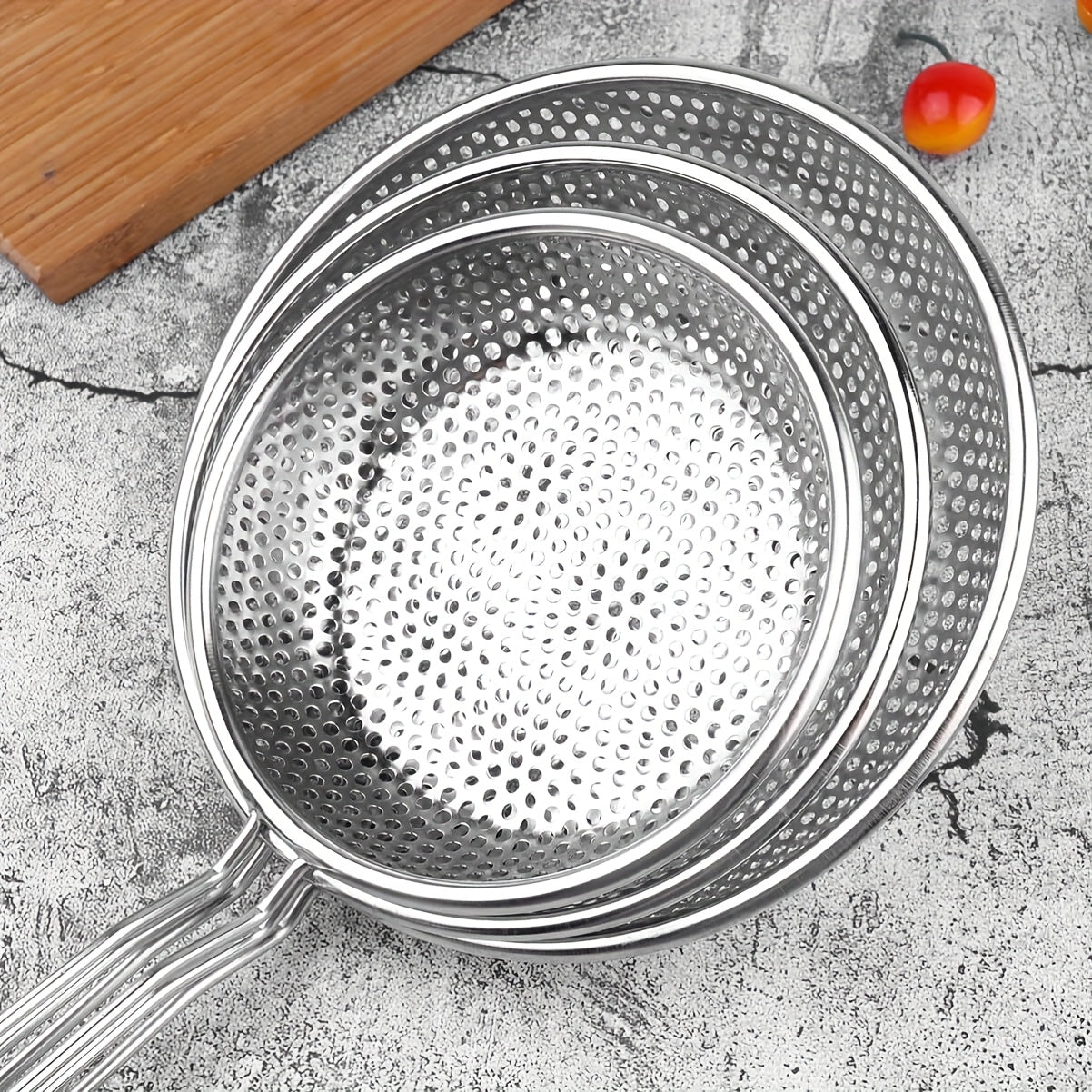 3pcs Stainless Steel Wooden Handle Strainers - Ideal for Frying, Draining, and Serving Pasta & Noodles, Perfect for Food Preparation and Oil Filtering, Food Preparation Essentials | Modern Kitchenware | Durable Kitchen Utensi
