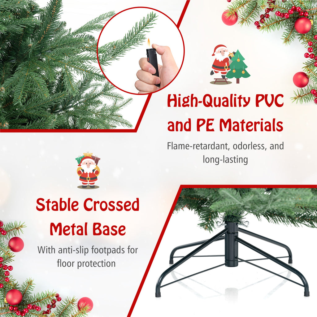 COSTWAY 6/7/8 FT Pre-Lit Artificial Tree, Hinged Xmas Tree w/ 778/1090/1480 PVC & PE Branch Tips, 240/340/450 Warm White LED Lights, 8 Modes, Foldable Metal Stand, Holiday Full Tree Seasonal Home Office Party Decoration