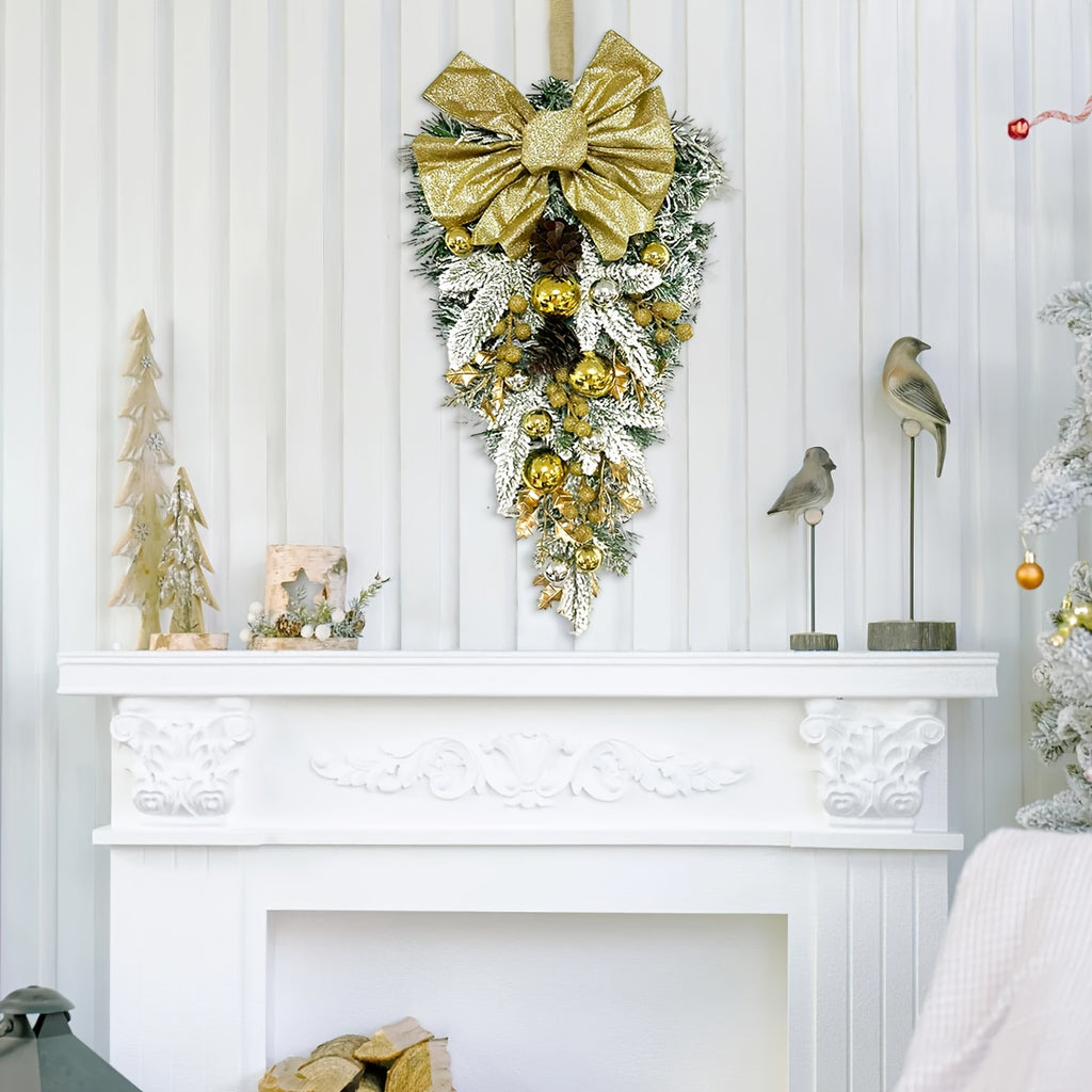 Christmas Flocked Hanging Wreath, Nordic Style in Red/Golden/Green/Blue, 60cm/23.62inch Bow Staircase Garland, Perfect Holiday Home Decor, Front Door Window Hanging Decoration, Feather-Free No Electricity Needed, 1pc/2pcs/3pc