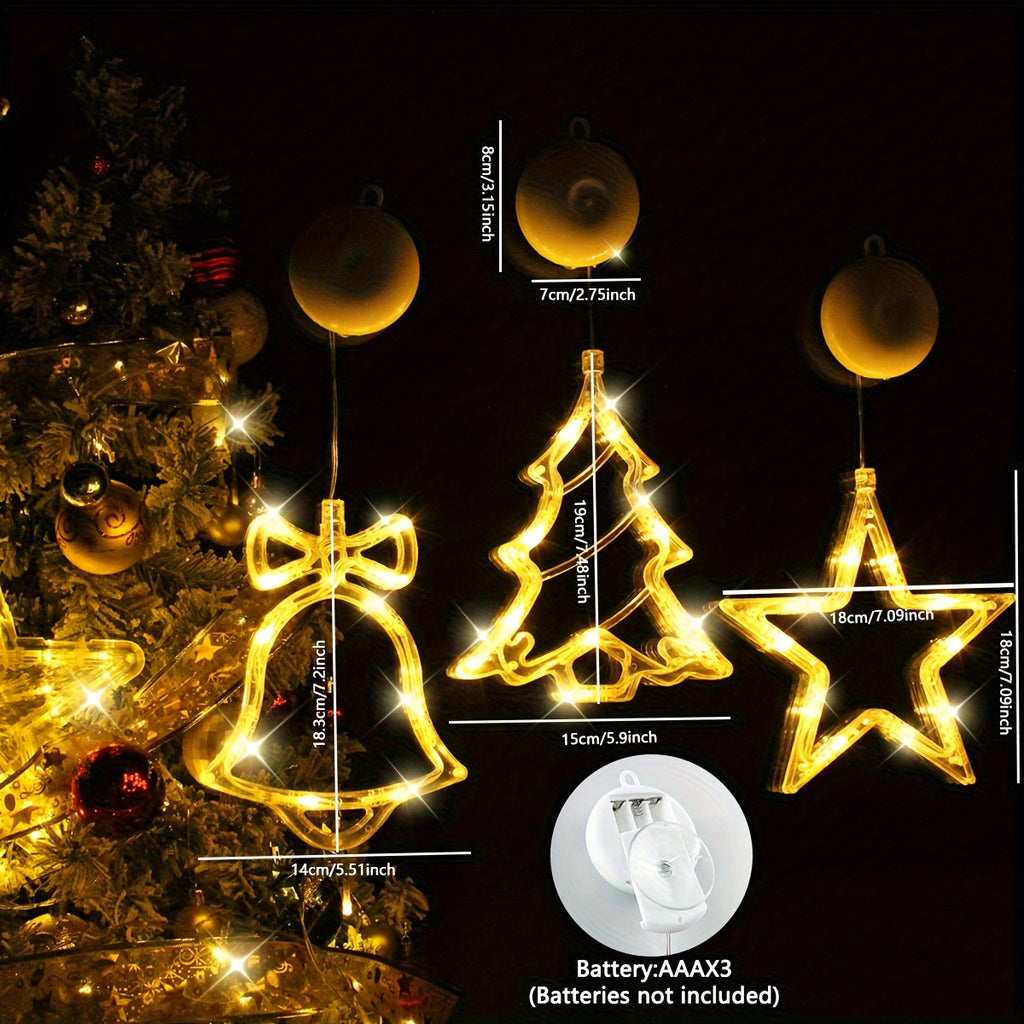 3Pcs, Window Decor Suction Cup LED Christmas Lights, Battery Operated, String Lights, Christmas Decorations, Curtain Lights, Party Packs, New Year, Winter, Spring, Ramadan, Event Party Supplies(Batteries not included)