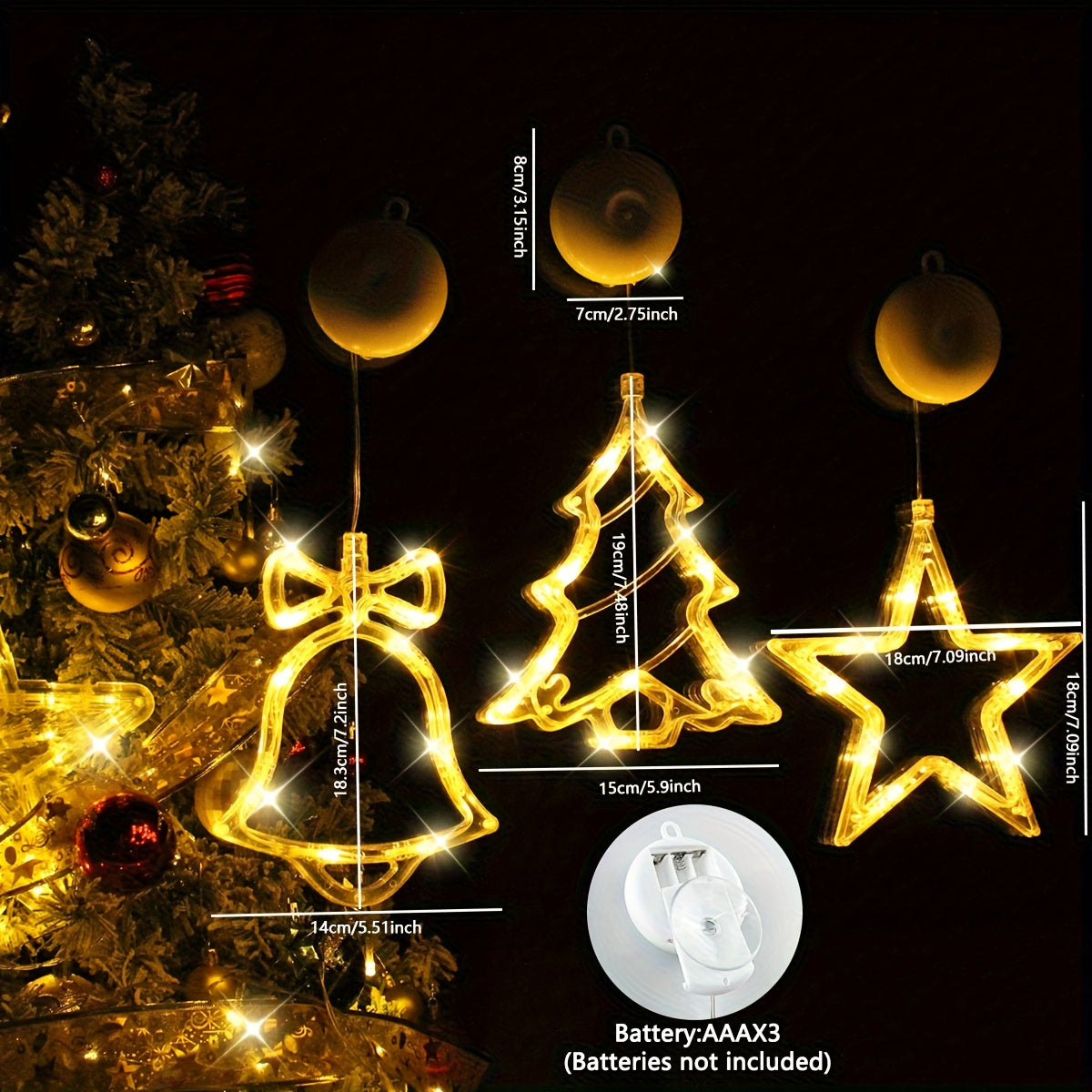 3Pcs, Window Decor Suction Cup LED Christmas Lights, Battery Operated, String Lights, Christmas Decorations, Curtain Lights, Party Packs, New Year, Winter, Spring, Ramadan, Event Party Supplies(Batteries not included)