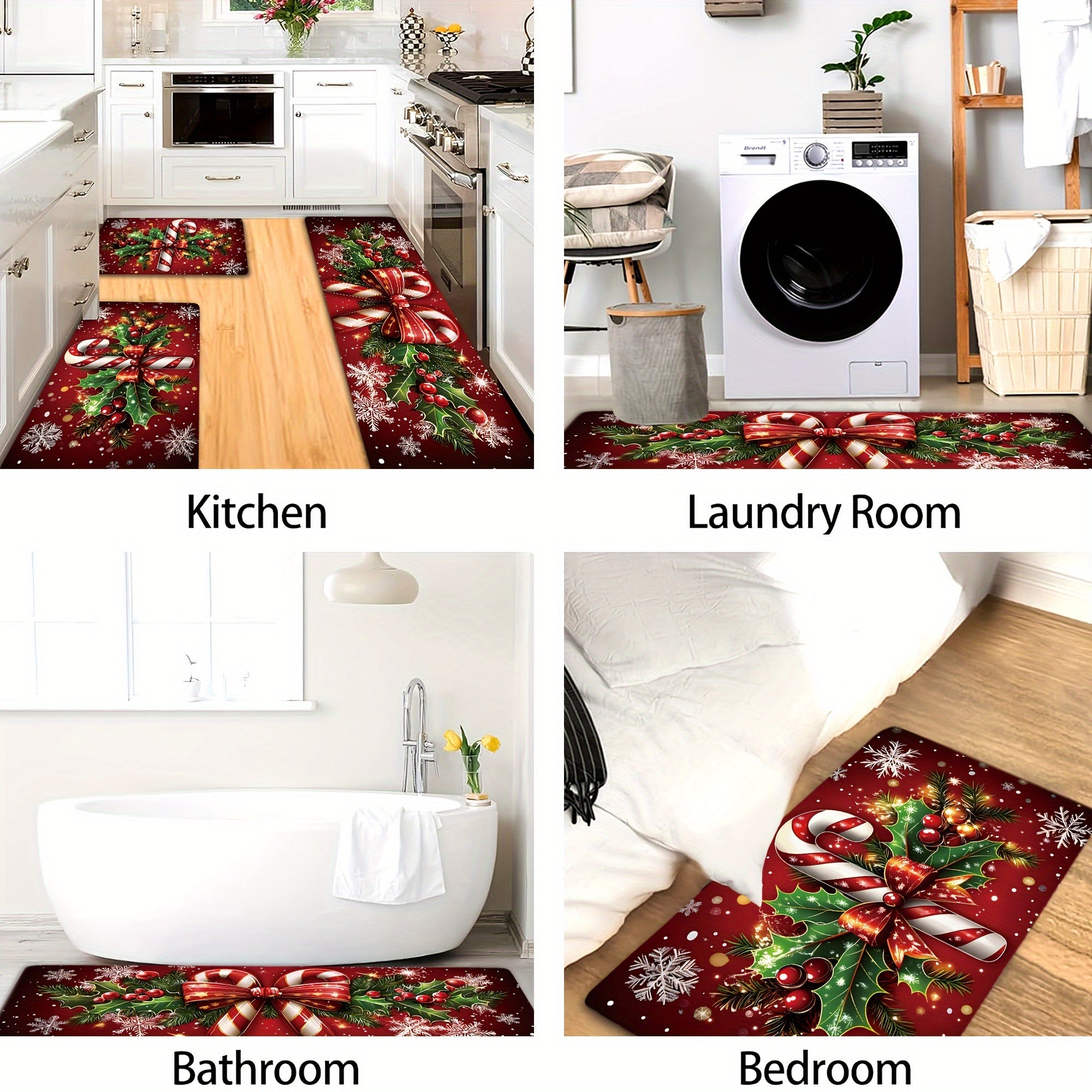 2/3pcs Merry Christmas Winter Decor Candy Canes Holly Snowflake Kitchen Mat Set, Luxury Holiday Red Green Memory Foam Mat for Easy Cleaning - Festive Home Gift