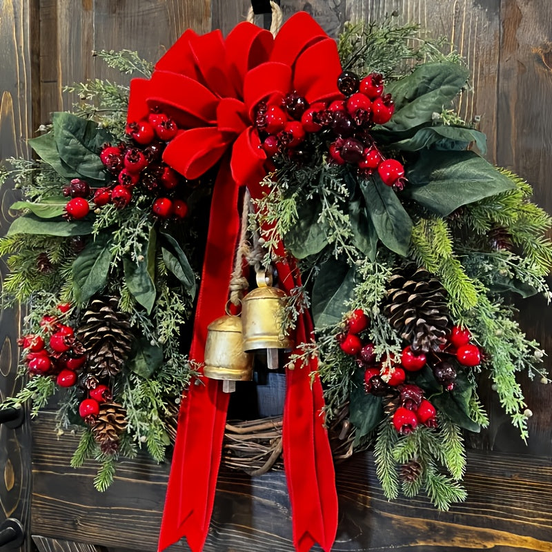 Large Rustic Farmhouse Christmas Wreath with Golden Bells, Red Berries & Pine Cones - Heavy-Duty Plastic /Outdoor Door Hanging Decoration, Burgundy Bow & Green Foliage for Front Door, Mantel, Year-Round Holiday Décor (Golden