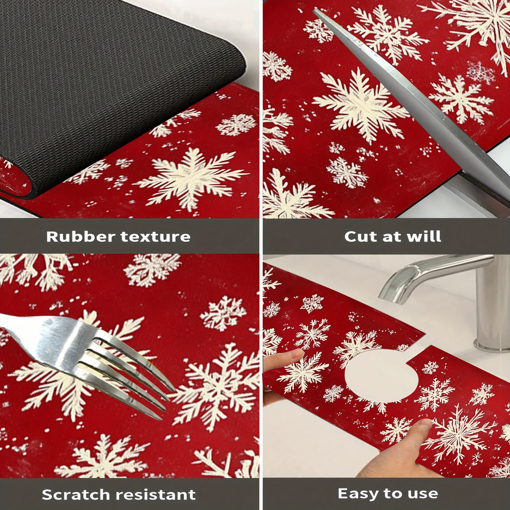 [1PC Christmas Snowflake Mat] Christmas Snowflake Red Dish Drying Mat - 1PC Moisture-Wicking Polyester Kitchen Faucet Pad, Durable and Absorbent Sink Surround Cover for Holiday Decor, Ideal for Home and Gift Use
