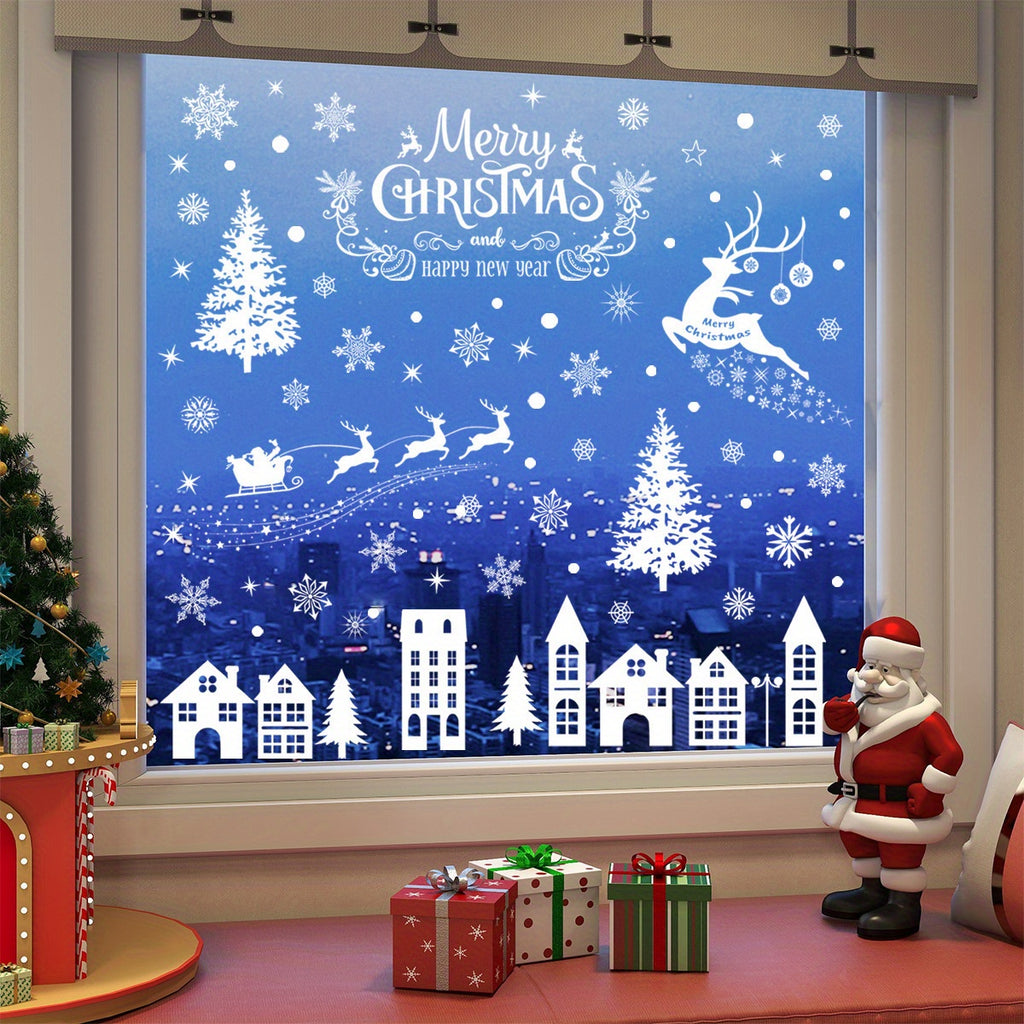 1 Set of 79 Christmas-Themed Static Cling Window Decals, White Snowflake Reindeer Santa Claus Tree Stickers for Festive Holiday Decor