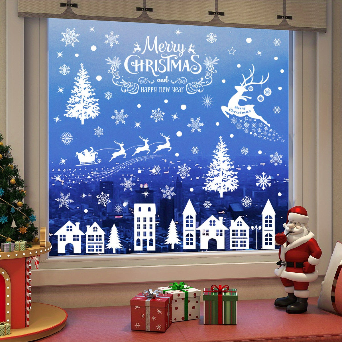 1 Set of 79 Christmas-Themed Static Cling Window Decals, White Snowflake Reindeer Santa Claus Tree Stickers for Festive Holiday Decor