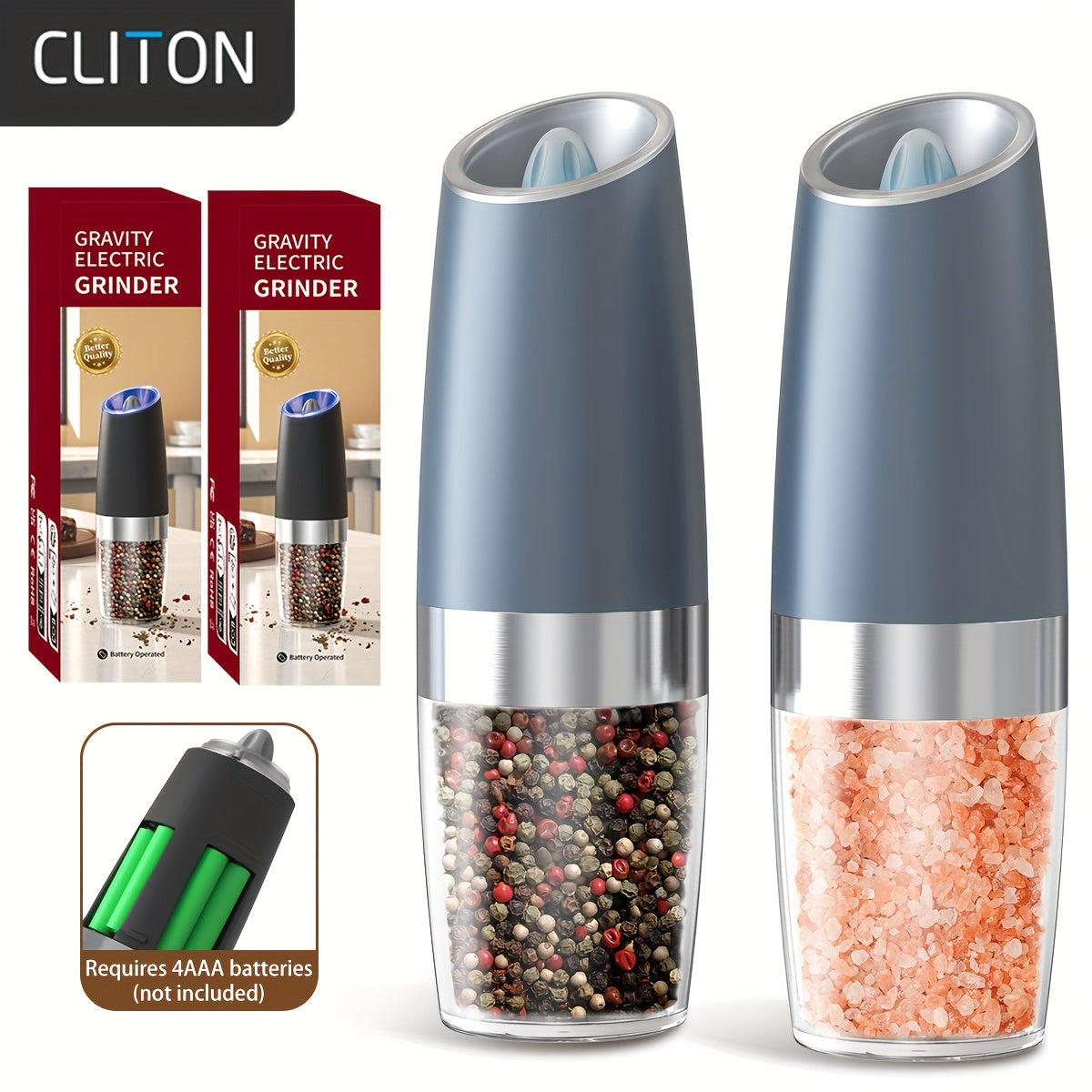 1pc/2pcss Electric Salt And Pepper Grinder, Automatic Pepper Mill, Salt And Pepper Grinder Electric 2pcs, Tilted Automatic Grind With LED Light, Battery Powered, Adjustable Coarseness, Easy To Clean, One-Hand Operation, Kitch