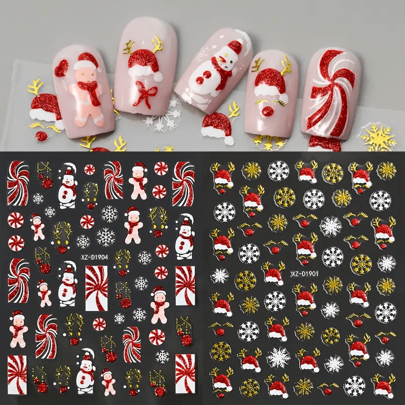 6 Sheets 5D Embossed Cute Cartoon Christmas Nail Art Stickers- Self-Adhesive Nail Decals with Santa Claus Snowman Elk Xmas Tree Designs, Festival Themed Nail Art Accessories Supplies for Women, Party Nails, Festive Manicure,