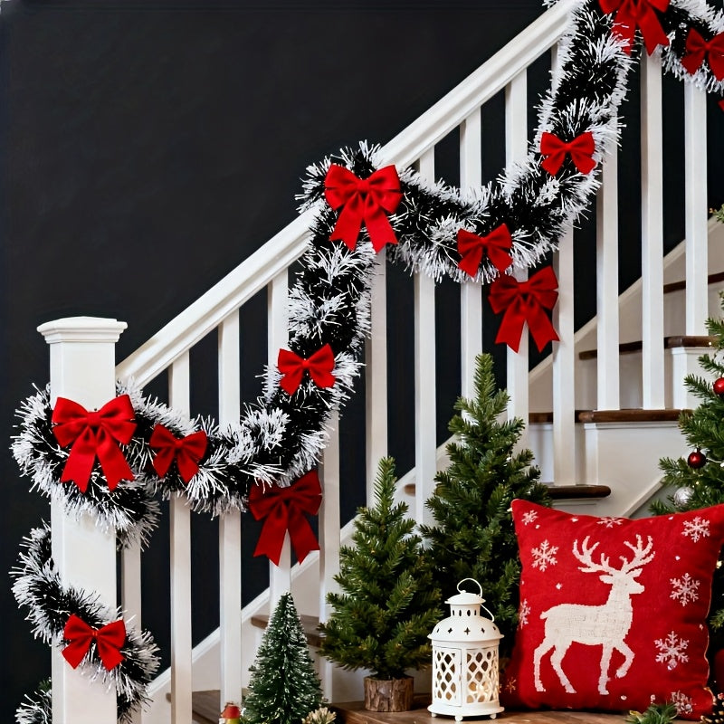 314.96inch Plastic Farmhouse Style Realistic Christmas Decoration Garland with Dark Snow Tips and Red Bows, Ideal for Holiday Parties, Home, Restaurant, Fireplace & Outdoor Festive Decorations, Perfect Floral Arrangement, Chr