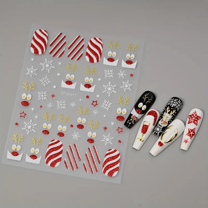 6 Sheets 5D Embossed Cute Cartoon Christmas Nail Art Stickers- Self-Adhesive Nail Decals with Santa Claus Snowman Elk Xmas Tree Designs, Festival Themed Nail Art Accessories Supplies for Women, Party Nails, Festive Manicure,