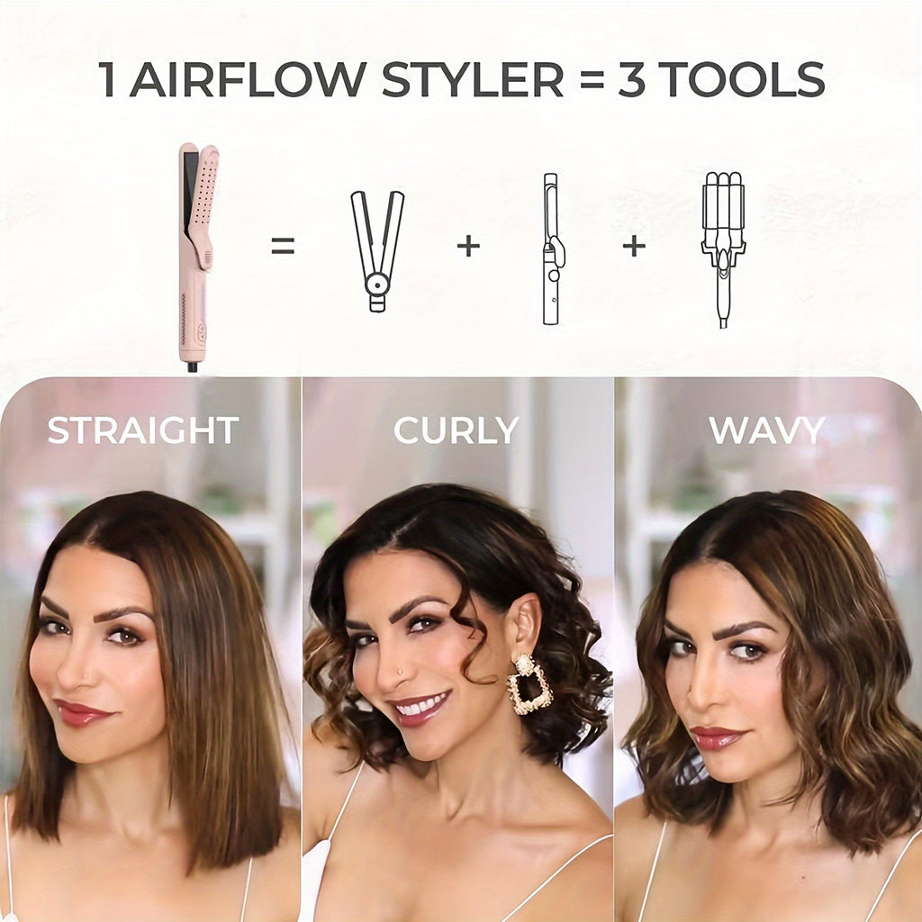2-in-1 Airflow Curling Iron For Lasting Curls - 360° Airflow Styler Ceramic Flat Iron Hair Straightener And Curler, Anti-Scald Curling Wand, 360° Cool Air, 5 Temps Adjustable For Long Short Hair