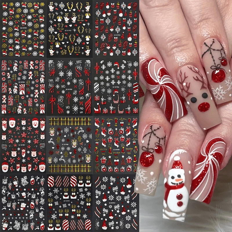 6 Sheets 5D Embossed Cute Cartoon Christmas Nail Art Stickers- Self-Adhesive Nail Decals with Santa Claus Snowman Elk Xmas Tree Designs, Festival Themed Nail Art Accessories Supplies for Women, Party Nails, Festive Manicure,