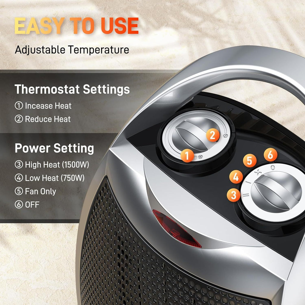 1500W Small Space Heater, Electric Heater, PTC Fast Heating Ceramic Heater, 3 Modes, Adjustable Thermostat, Overheat/ Tip-Over Protection, Portable Heater Fan for Office Room Desk Indoor Use, Silver.