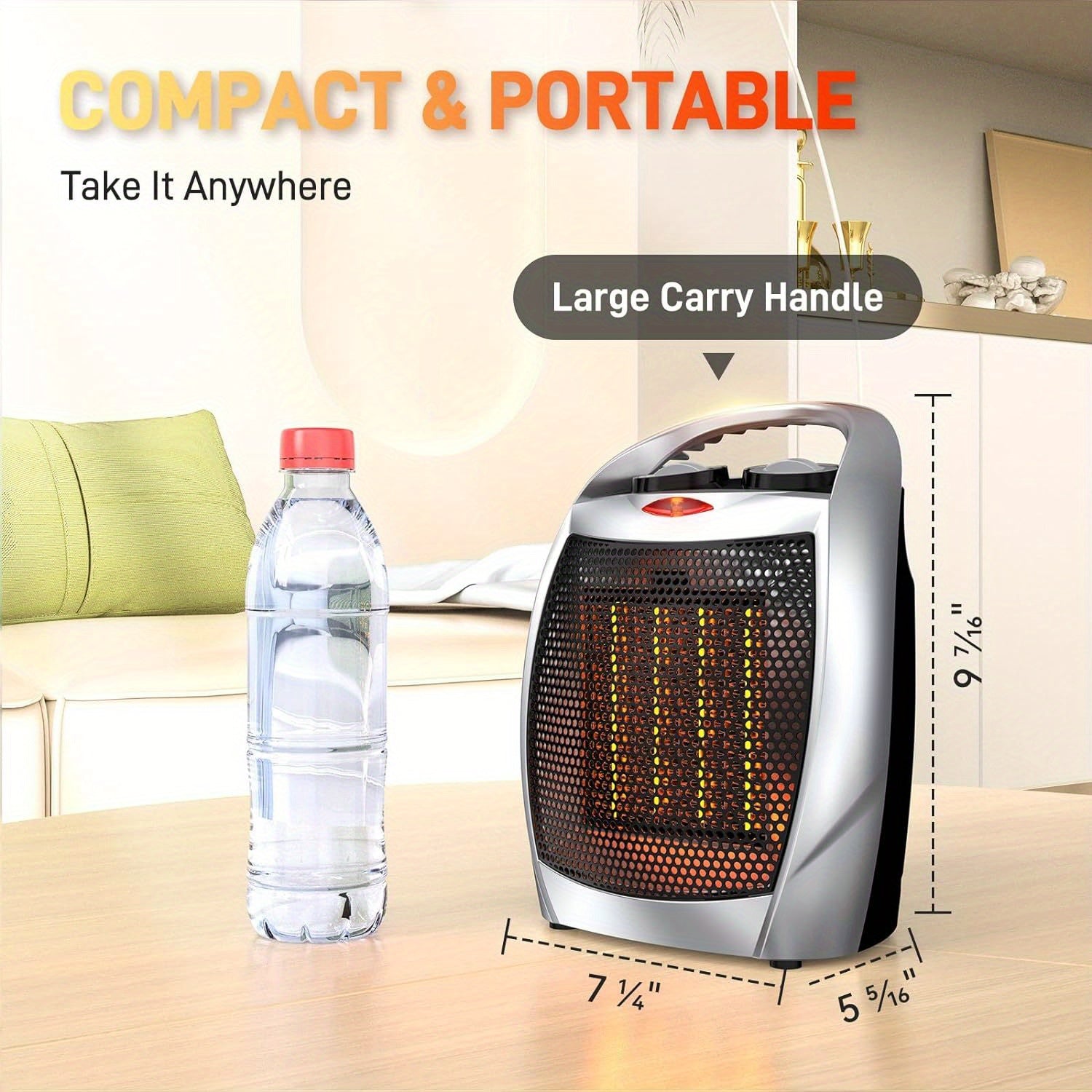 1500W Small Space Heater, Electric Heater, PTC Fast Heating Ceramic Heater, 3 Modes, Adjustable Thermostat, Overheat/ Tip-Over Protection, Portable Heater Fan for Office Room Desk Indoor Use, Silver.