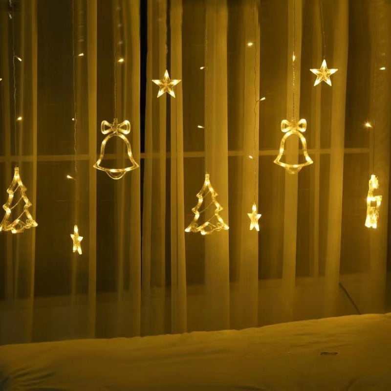 [Christmas Wedding Party] LED 11.5ft USB Powered Curtain Light Christmas Tree, Reindeer, Bells Curtain Lights for Christmas Wedding Party Bedroom Decoration, Warm White