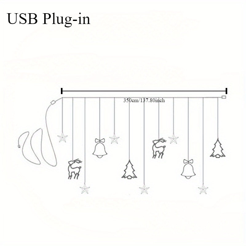 [Christmas Wedding Party] LED 11.5ft USB Powered Curtain Light Christmas Tree, Reindeer, Bells Curtain Lights for Christmas Wedding Party Bedroom Decoration, Warm White