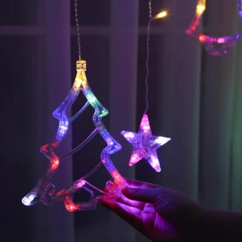 [Christmas Wedding Party] LED 11.5ft USB Powered Curtain Light Christmas Tree, Reindeer, Bells Curtain Lights for Christmas Wedding Party Bedroom Decoration, Warm White