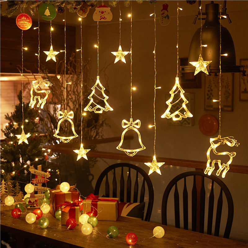 [Christmas Wedding Party] LED 11.5ft USB Powered Curtain Light Christmas Tree, Reindeer, Bells Curtain Lights for Christmas Wedding Party Bedroom Decoration, Warm White