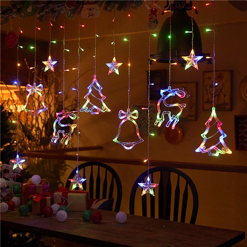 [Christmas Wedding Party] LED 11.5ft USB Powered Curtain Light Christmas Tree, Reindeer, Bells Curtain Lights for Christmas Wedding Party Bedroom Decoration, Warm White