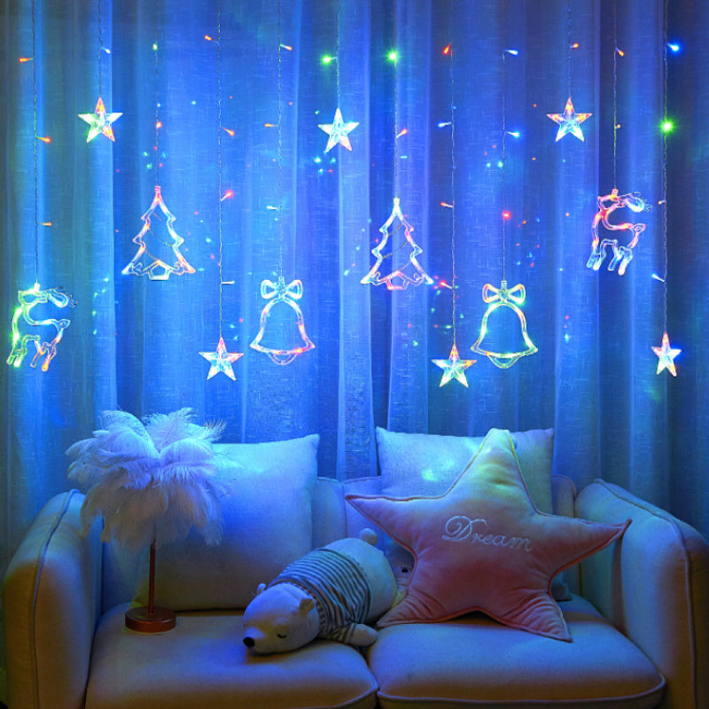 [Christmas Wedding Party] LED 11.5ft USB Powered Curtain Light Christmas Tree, Reindeer, Bells Curtain Lights for Christmas Wedding Party Bedroom Decoration, Warm White