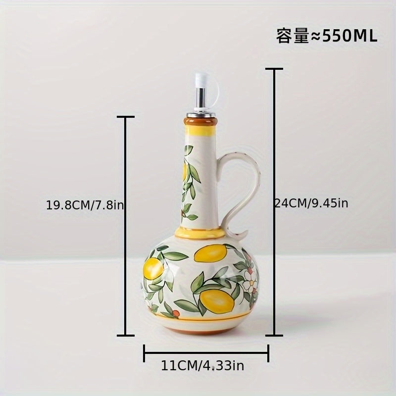 Hand-Painted Ceramic Olive Oil Dispenser with Vibrant Fruit & Leaf Design - Leak-Proof Kitchen Oil Bottle for Olive Oil, Vinegar, Soy Sauce - Elegant Oval Shape, Freezer Safe, Olive Oil Dispenser