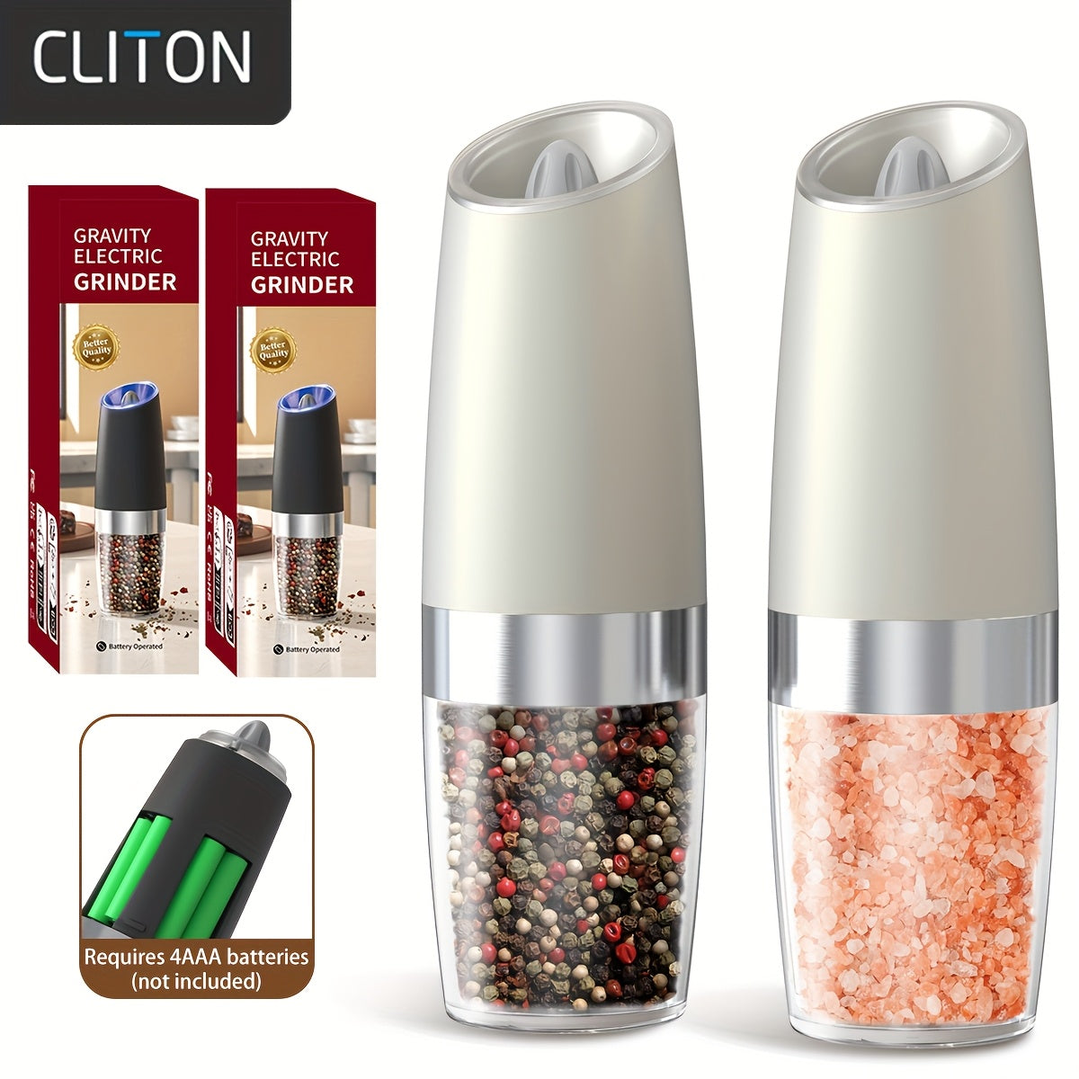 1pc/2pcss Electric Salt And Pepper Grinder, Automatic Pepper Mill, Salt And Pepper Grinder Electric 2pcs, Tilted Automatic Grind With LED Light, Battery Powered, Adjustable Coarseness, Easy To Clean, One-Hand Operation, Kitch