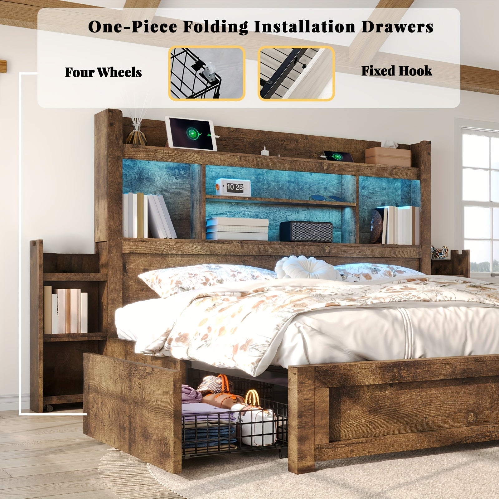 Farmhouse Wooden Bed Frame With 4 Storage Drawers, LED Bed Frame With 49" Tall Bookcase Headboard, Wood Platform Bed With Charging Station & 2 Slide Bedside Shelf