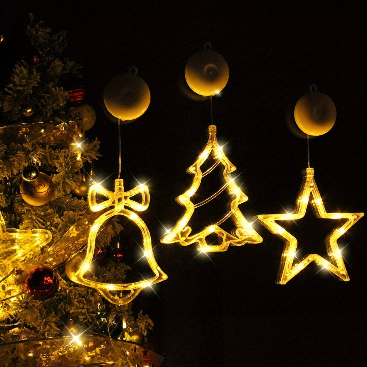 3Pcs, Window Decor Suction Cup LED Christmas Lights, Battery Operated, String Lights, Christmas Decorations, Curtain Lights, Party Packs, New Year, Winter, Spring, Ramadan, Event Party Supplies(Batteries not included)