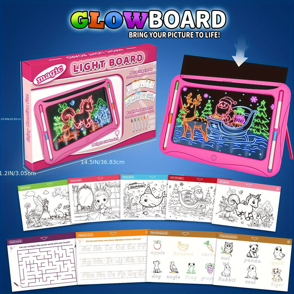 LED Light-Up Drawing Writing Doodle Board, Learning Travel Toy with 9 Double-Sided Cards, 6 Markers, Art Set, Suitable for Birthday Gifts And Christmas Gifts for Girls And Boys Aged 3-8.